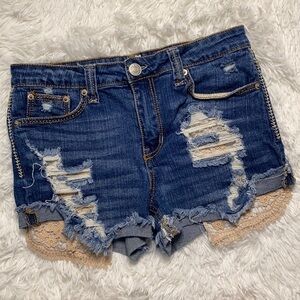 Almost famous crochet frayed bottom cut off denim shorts